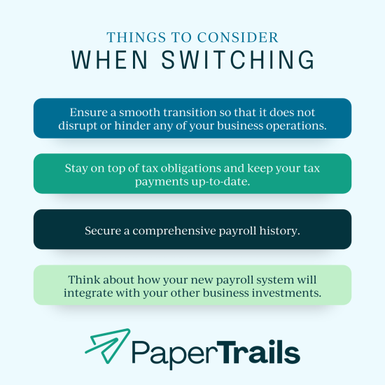 chart of the things to consider when switching payroll companies