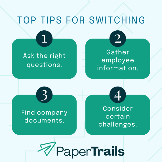 graphic on the top tips for switching payroll companies